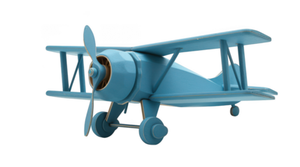 A blue wooden toy biplane with a propeller and wheels isolated on transparent background