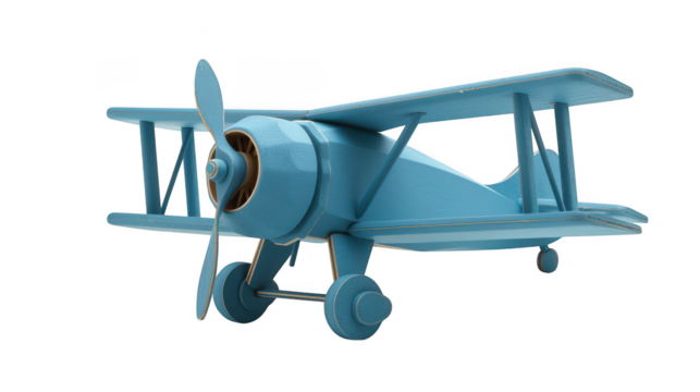 A blue wooden toy biplane with a propeller and wheels isolated on transparent background