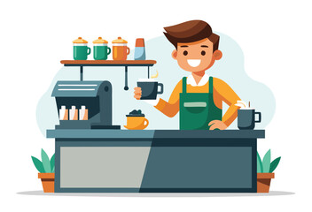 Friendly barista smiling while preparing coffee drinks behind a counter with coffee machine and cups
