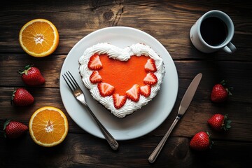 Heart-shaped cake with strawberries and whipped cream, presented on a white plate, alongside oranges and coffee