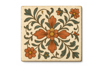 Vintage tile showing orange flowers and teal leaves on transparent background