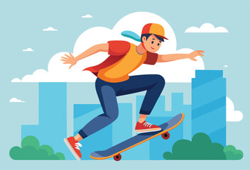 Dynamic illustration of a young man skateboarding through a stylized cityscape with clouds and buildings in the background