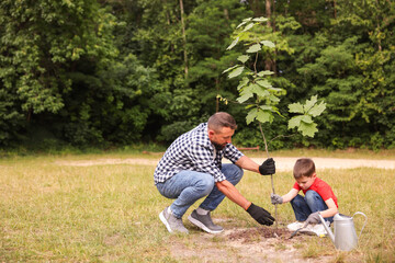 Father and his son planting tree into soil outdoors