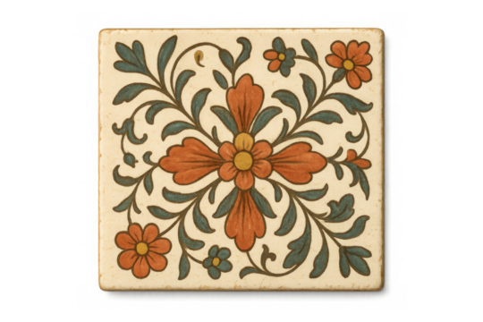 Vintage tile showing orange flowers and teal leaves on transparent background