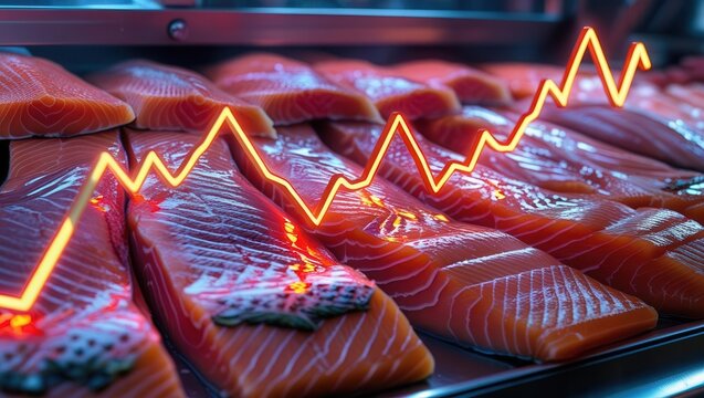 Analyzing salmon market trends seafood industry data visualization retail environment close-up view financial insights