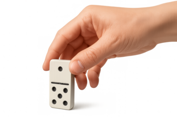 Hand placing white domino tile with one and five on transparent background