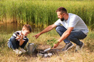 Father and his son planting tree into soil outdoors