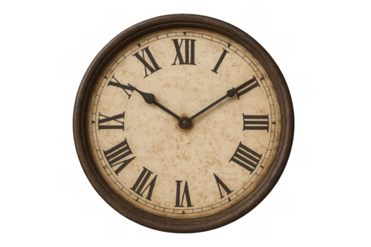 Vintage clock showing time against transparent background