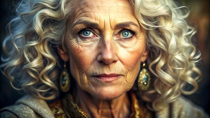 Closeup portrait of an elegant elderly woman with blue eyes