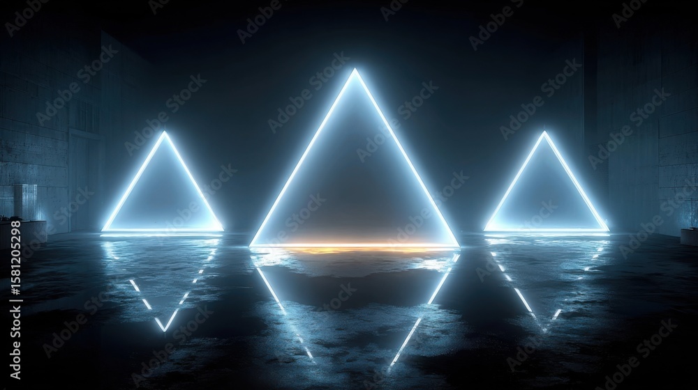 Poster three luminous triangular shapes glow in a dark environment, their reflections shimmering on the sti