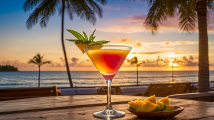 Tropical Detox Juice in a Martini Glass at Beach Sunset