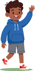 Fototapeta premium Boy waving hand wearing blue hoodie with gray shorts and red sneakers happy walking vector illustration