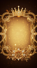 A luxurious golden-themed birthday banner with a glittering crown at the center. Surrounding the crown are sparkling gems and floral arrangements in warm tones.
