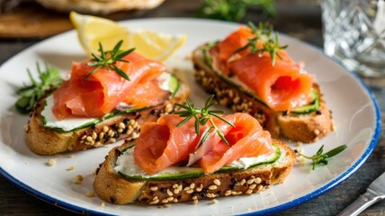 Toast with smoked salmon and Philadelphia cheese. Toasts are decorated with fresh herbs.