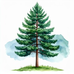 Watercolor Illustration of a Single Evergreen Tree on White Background