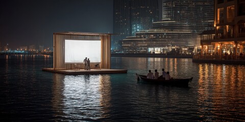 Couple watching a movie on a floating screen at night, while others enjoy a boat ride. Calm waters, warm lights.
