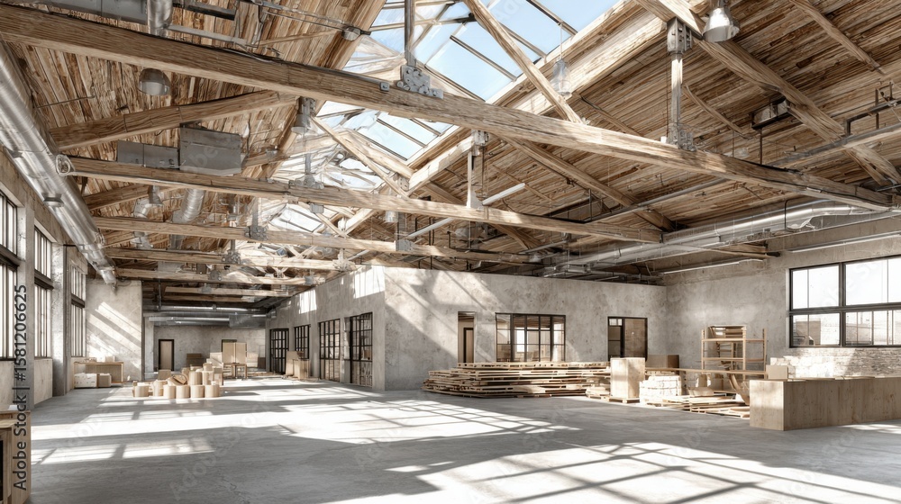 Poster sunlight streams through large windows in an expansive industrial space, featuring a blend of rustic