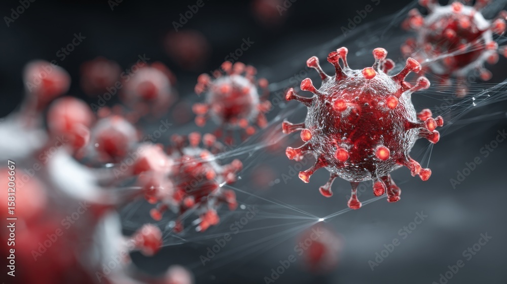 Poster close-up view of virus particles showcasing their intricate structure and unique characteristics. th