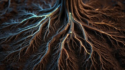 Dark artistic visualization of tree roots branching like neural or network systems. Nature and data metaphor. Generative AI.