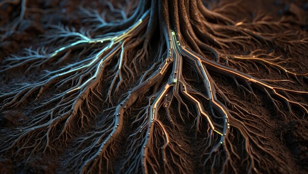 Dark artistic visualization of tree roots branching like neural or network systems. Nature and data metaphor. Generative AI.