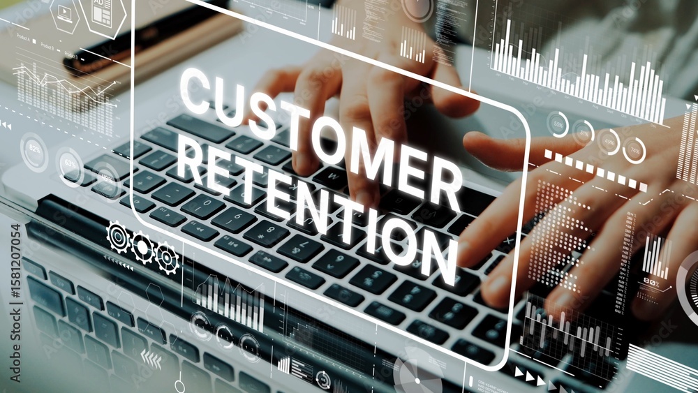 Poster focused professional typing on laptop keyboard with customer retention overlay and data analysis gra