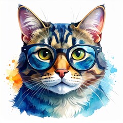 Cat Portrait Wearing Blue Glasses in Watercolor Style on White Background