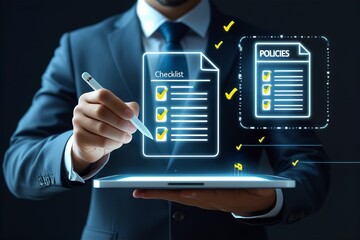 Checklist online document practices and policies concept, Businessman use tablets to check steps through policies document company articles of association Terms and Conditions, Quality inspection	
