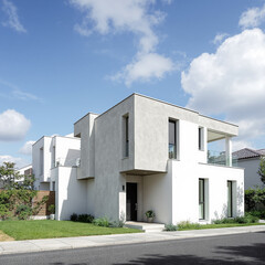 Modern Home Architecture: A contemporary dwelling with minimalist design elements against a bright blue sky, exemplifying modern residential architecture.