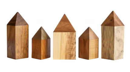 Five wooden blocks arranged to resemble abstract houses with pointed roofs, isolated on white isolated on transparent background