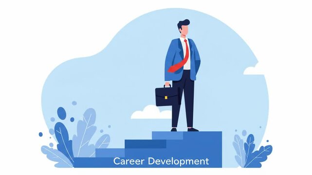Illustration of a man in a suit standing on stairs with a briefcase and an open sky behind him