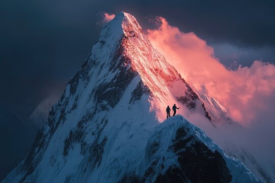 Two climbers on a snow-capped mountain peak at dawn.  Fiery pink clouds illuminate the summit