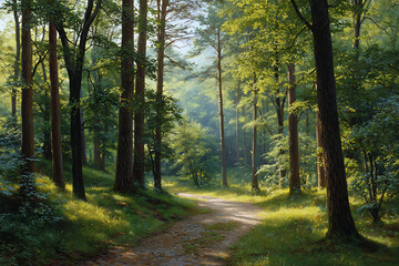 Fototapeta premium Sunlit Forest Path Winding Through Lush Green Deciduous Trees Sunlight Dappling Grassy Ground Dirt Road Summer Day Sunlight Beams