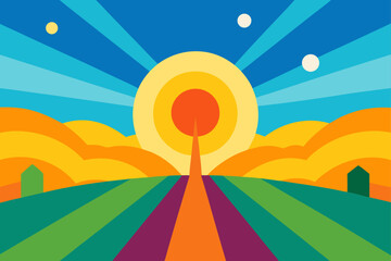 landscape with rainbow and sun