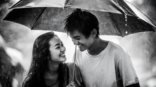 The couple shares a moment of laughter as they tilt their umbrella towards each other creating a cozy space sheltered from the rain. The young woman playfully catches raindrops on her