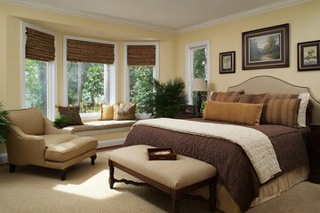 Sunlit Master Bedroom Beige Walls Brown Bedding Tan Upholstery Large Bay Window Natural Woven Shades