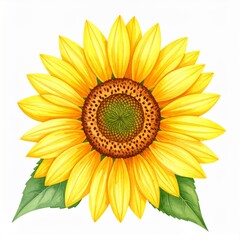 Fototapeta premium Detailed Yellow Sunflower Illustration with Green Leaves on a White Background
