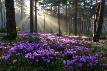 Obraz premium Sunlit Misty Forest Clearing Abundant Purple Crocus Flowers Springtime Sunlight Rays Through Trees