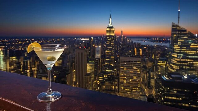 A glass of martini elegantly displayed with the shimmering lights of a bustling metropolis in the background, capturing the essence of urban nightlife, sophistication, and evening relaxation

