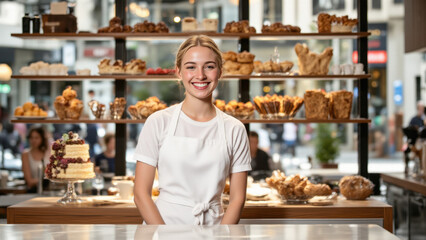 A woman in a white apron smiles genuinely at the camera, standing behind a bakery display case filled with pastries. The background shows a blurred street scene through large windows.