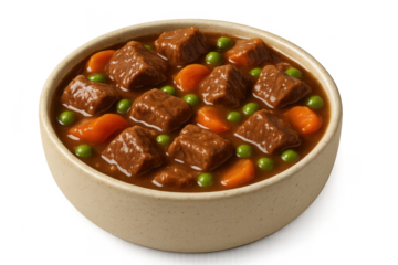 Classic beef stew with carrots and peas, isolated on transparent background