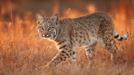 Obraz premium Wildcat stalking through tall grass at sunset