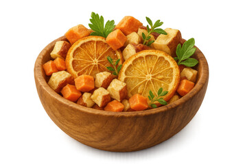 Diced fruit and dried orange in bowl, isolated on transparent background.