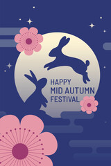 Mid Autumn Festival design. Rabbit, fool moon and floral decor elements on a poster, banner or cover design to traditional Chinese Festival of mid Autumn.