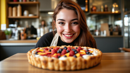 A woman with a genuine smile stands behind a wooden table displaying a fruit tart. The tart features layers of pastry and cream, topped with fresh berries and sliced fruit. Soft lighting and a shallow