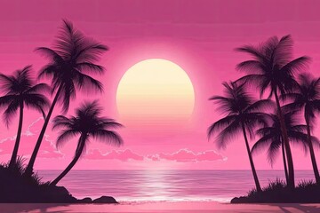 Naklejka premium Pink sunset tropical beach scene