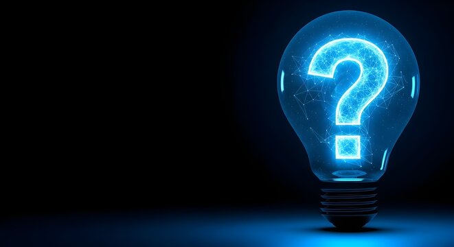 Glowing Blue Question Mark in Light Bulb - Abstract Concept of Inquiry, Idea, Problem Solving and Digital Thinking