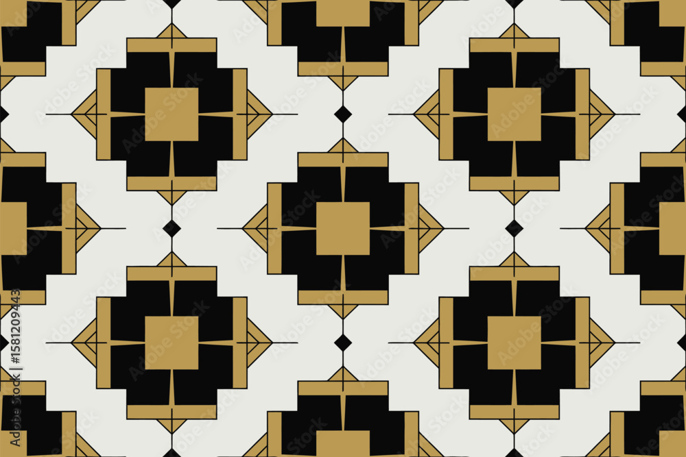 Poster geometric pattern features squares, triangles, and diamond shapes.