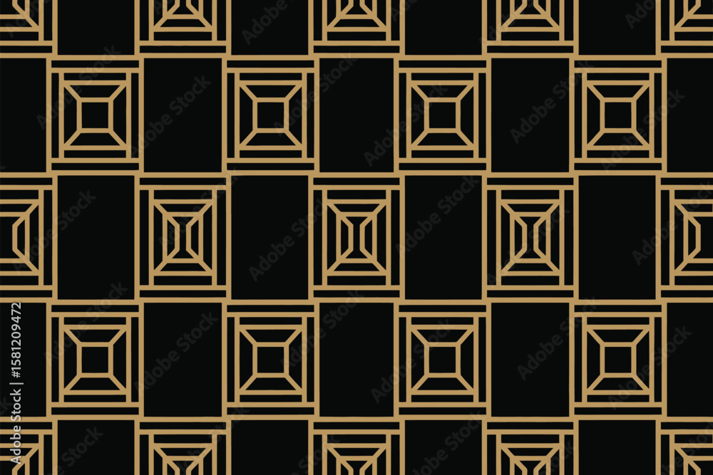 Poster geometric pattern features gold squares and rectangles on a black backdrop.