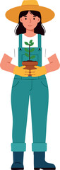Obraz premium Woman gardener holding plant in pot wearing hat gloves and overalls vector illustration