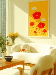 Sunny and cheerful living room with a white sofa and colorful floral art. Modern and vibrant design, perfect for a cozy atmosphere.